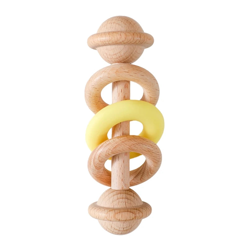 1Pc Baby Wooden Teether Toys BPA Free Silicone Ring Handle Music Rattle Teething for Baby Toys Montessori Toys for Kids Gift