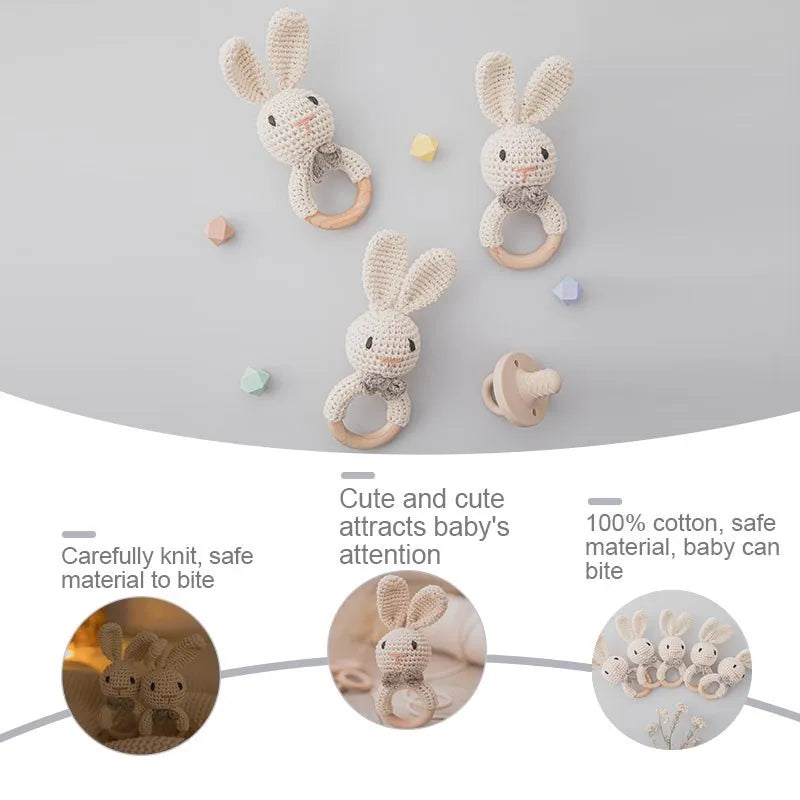 Wooden Rattle Baby Teether for Kids Teething Rings Animal Crochet Rattle Elephant Wooden Babies Gym Montessori Children'S Toys