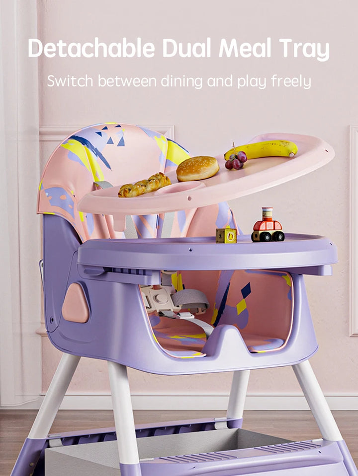 Baby Seat Toddler Eating Chair Baby High Chair for Dinner Baby Feeding Chair with 4 Wheels, Bib, Bowl&Spoon, Reclining