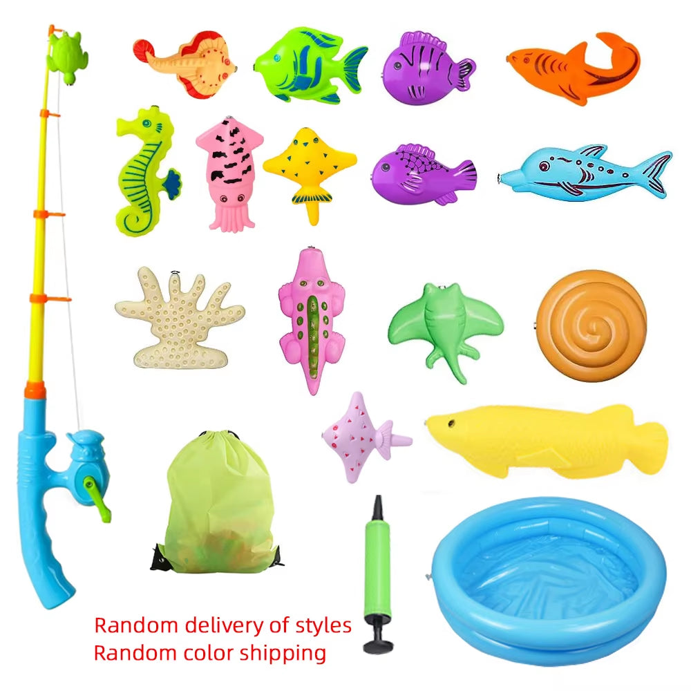 Kids Fishing Toy Set Play Water Toys for Baby Magnetic Rod and Fish with Inflatable Pool Outdoor Sport Puzzle Toys for Children