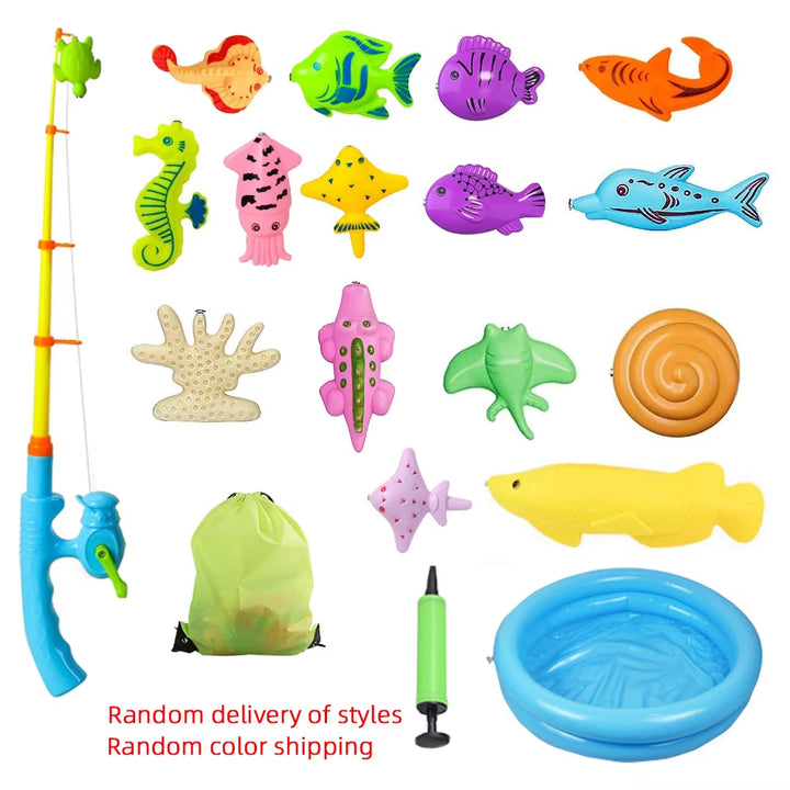 Kids Fishing Toy Set Play Water Toys for Baby Magnetic Rod and Fish with Inflatable Pool Outdoor Sport Puzzle Toys for Children
