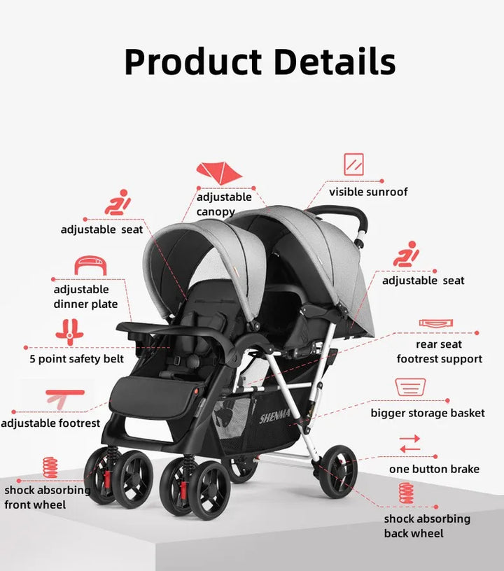 Twin Stroller, Poussette Double Baby Stroller Can Sit and Lie Down, Foldable Light-Weight Double Baby Stroller with Two Seat