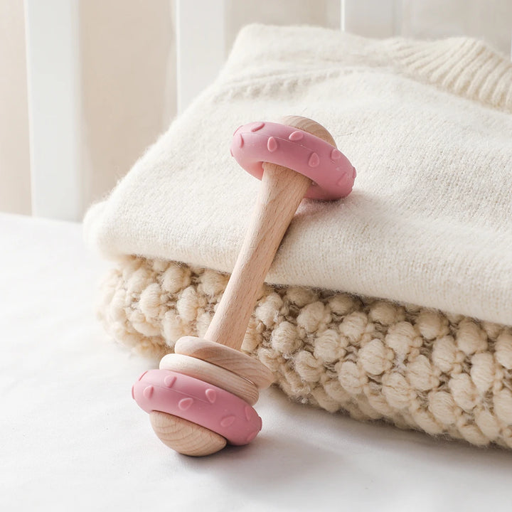 1Pc Baby Wooden Teether Toys BPA Free Silicone Ring Handle Music Rattle Teething for Baby Toys Montessori Toys for Kids Gift
