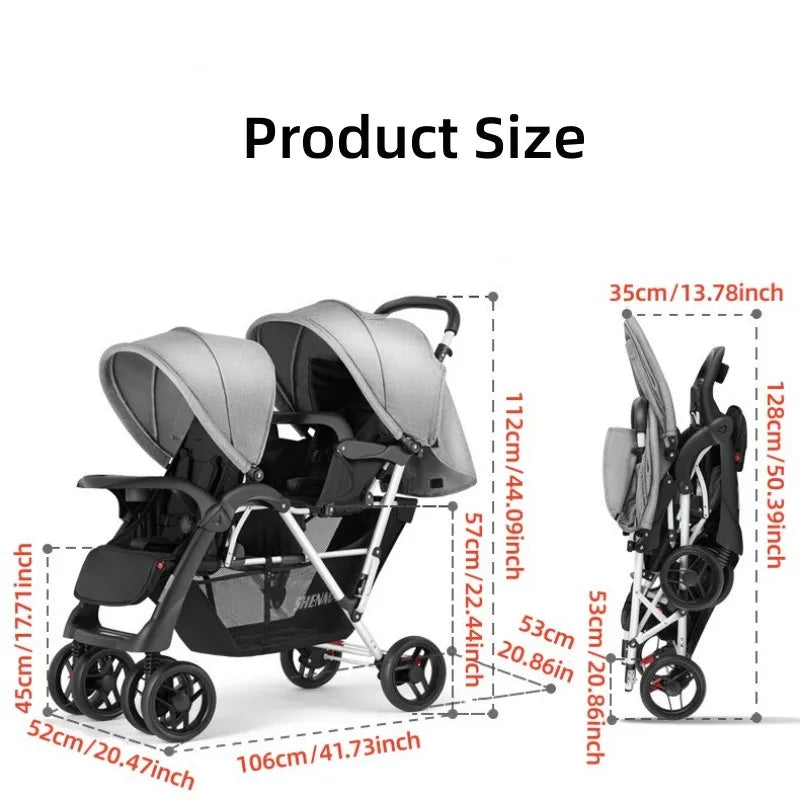 Twin Stroller, Poussette Double Baby Stroller Can Sit and Lie Down, Foldable Light-Weight Double Baby Stroller with Two Seat