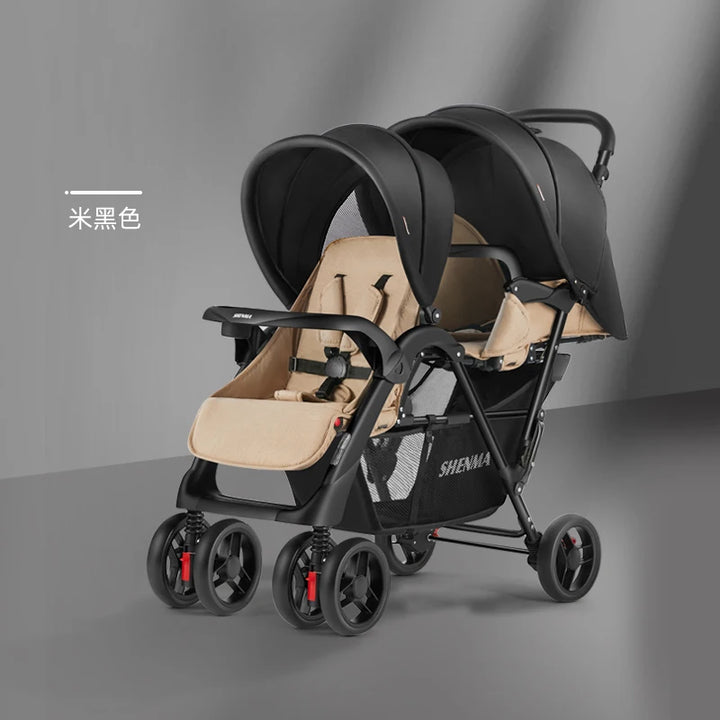 Twin Stroller, Poussette Double Baby Stroller Can Sit and Lie Down, Foldable Light-Weight Double Baby Stroller with Two Seat