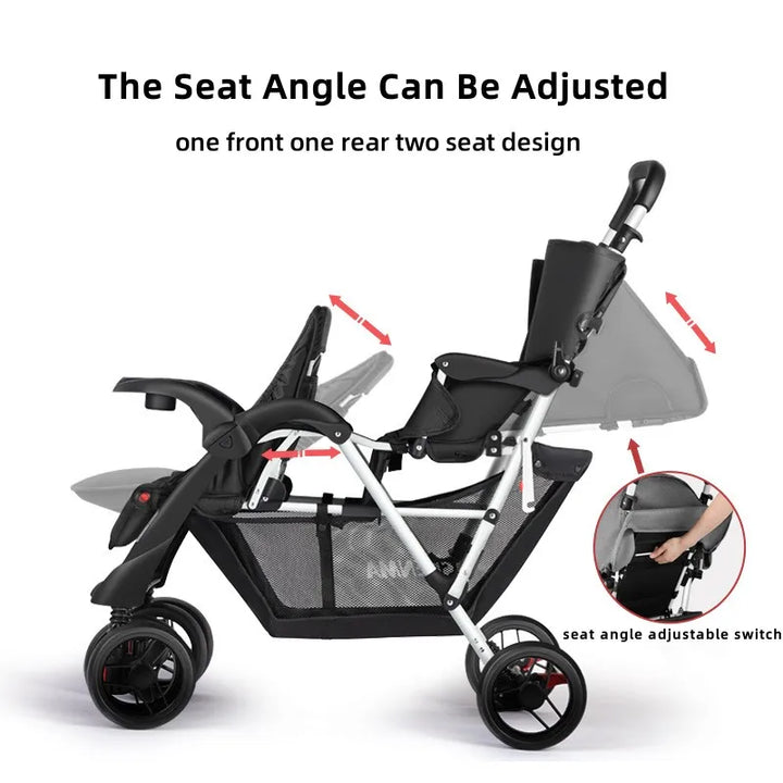 Twin Stroller, Poussette Double Baby Stroller Can Sit and Lie Down, Foldable Light-Weight Double Baby Stroller with Two Seat