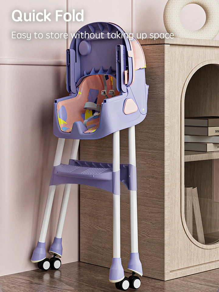 Baby Seat Toddler Eating Chair Baby High Chair for Dinner Baby Feeding Chair with 4 Wheels, Bib, Bowl&Spoon, Reclining