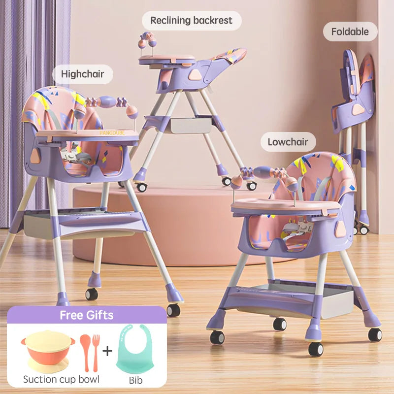 Baby Seat Toddler Eating Chair Baby High Chair for Dinner Baby Feeding Chair with 4 Wheels, Bib, Bowl&Spoon, Reclining