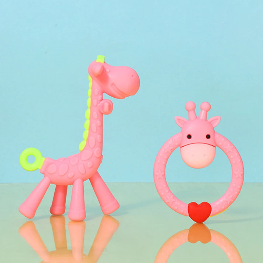 2Pcs Baby Deer Teether Toy Glue Giraffe Set Ring Deer Love Cute Animal Molar Relief Teething Discomfort Soft Silicone