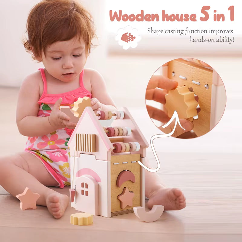 Baby Montessorri Toys Wooden Five-In-One Wooden Multifunctional Toys Activity Cube Silicone Geometric Blocks Educational Toys