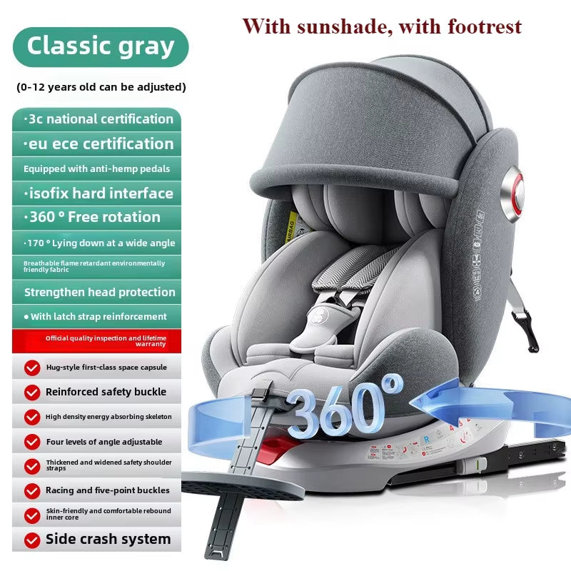 Universal 360° Rotation Child Car Safety Seats Baby Car Seat Sit Chair for 0-12 Years Old ISOFIX Steel Interface for Newborn
