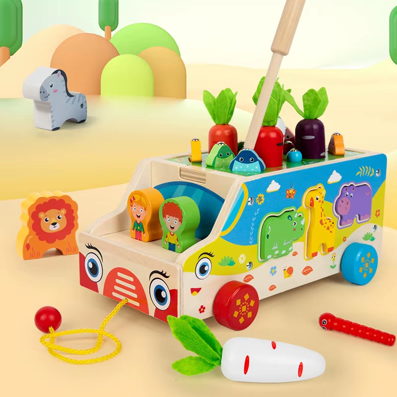 Children'S Wooden Multi Functional Animal Shape Matching Toy Puzzle Pulling Carrot Game Baby Fishing Cart Building Blocks