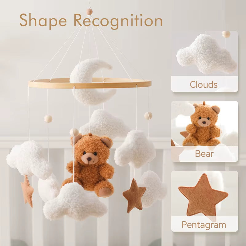 Wooden Crib Mobile Baby Bed Bell Rattle Toy Soft Felt Cartoon Bear Mobile Hanging Newborn Music Box Bed Bell Hanging Bracket Toy