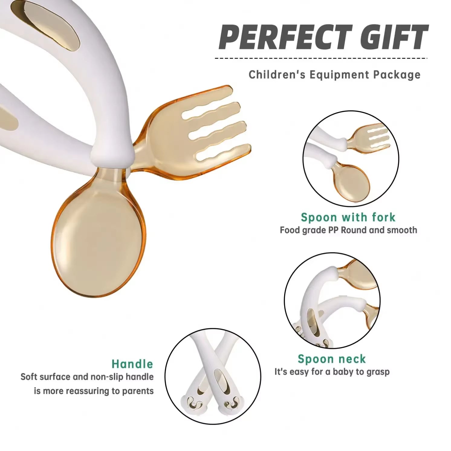 1Set Baby Training Spoon Bendable Handle Tableware Fork Set 100% Food Grade White Puppy Design Tritan Silicone Learning Spoon