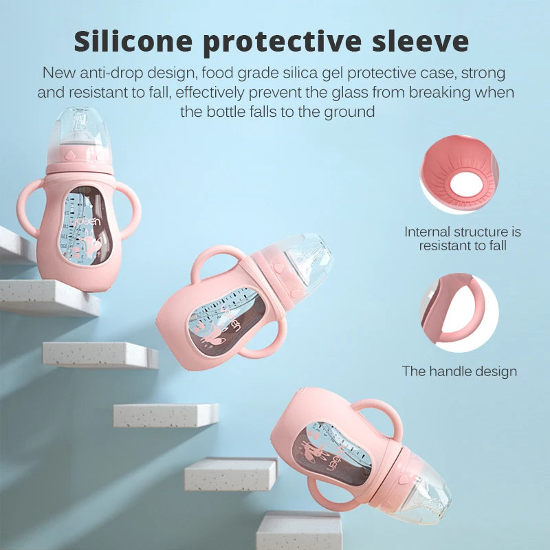 Baby Bottle Glass Dual Use and Children Drinking Cup Bottle Grip Handle for Natural Wide Mouth PP Glass Silicone Handle