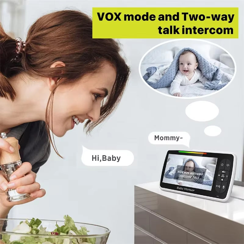 5Inch Video Baby Monitor with Remote Pan-Tilt-Zoom Camera and Audio.Two Way Talk VOX Mode Lullabies Babyphone