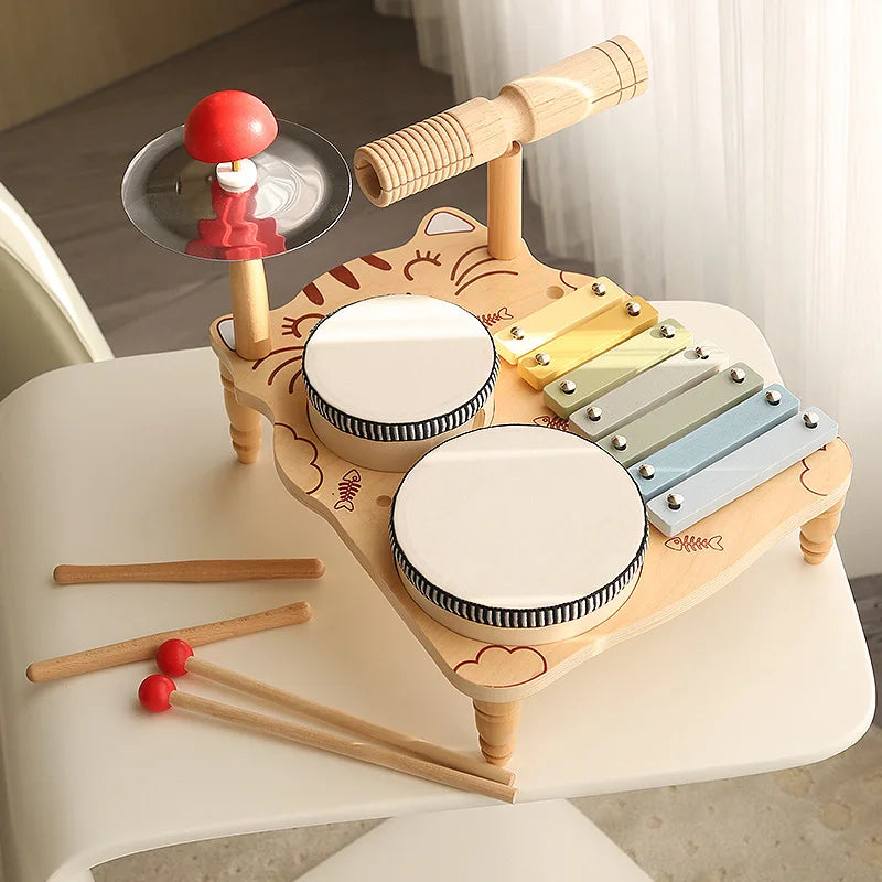 Wooden Musical Instruments Montessori Educational Toys Wind Chime Kids Drum Set with Xylophone Musical Toys for Toddlers Gifts