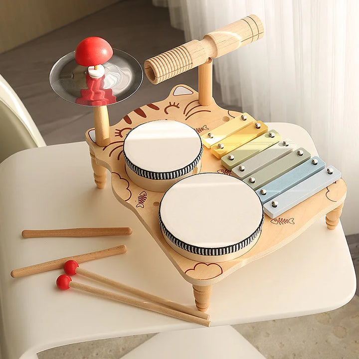 Wooden Musical Instruments Montessori Educational Toys Wind Chime Kids Drum Set with Xylophone Musical Toys for Toddlers Gifts