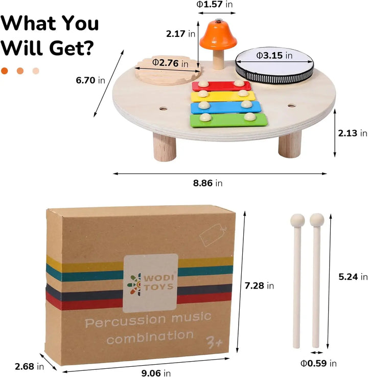 Wooden Musical Instruments Montessori Educational Toys Wind Chime Kids Drum Set with Xylophone Musical Toys for Toddlers Gifts