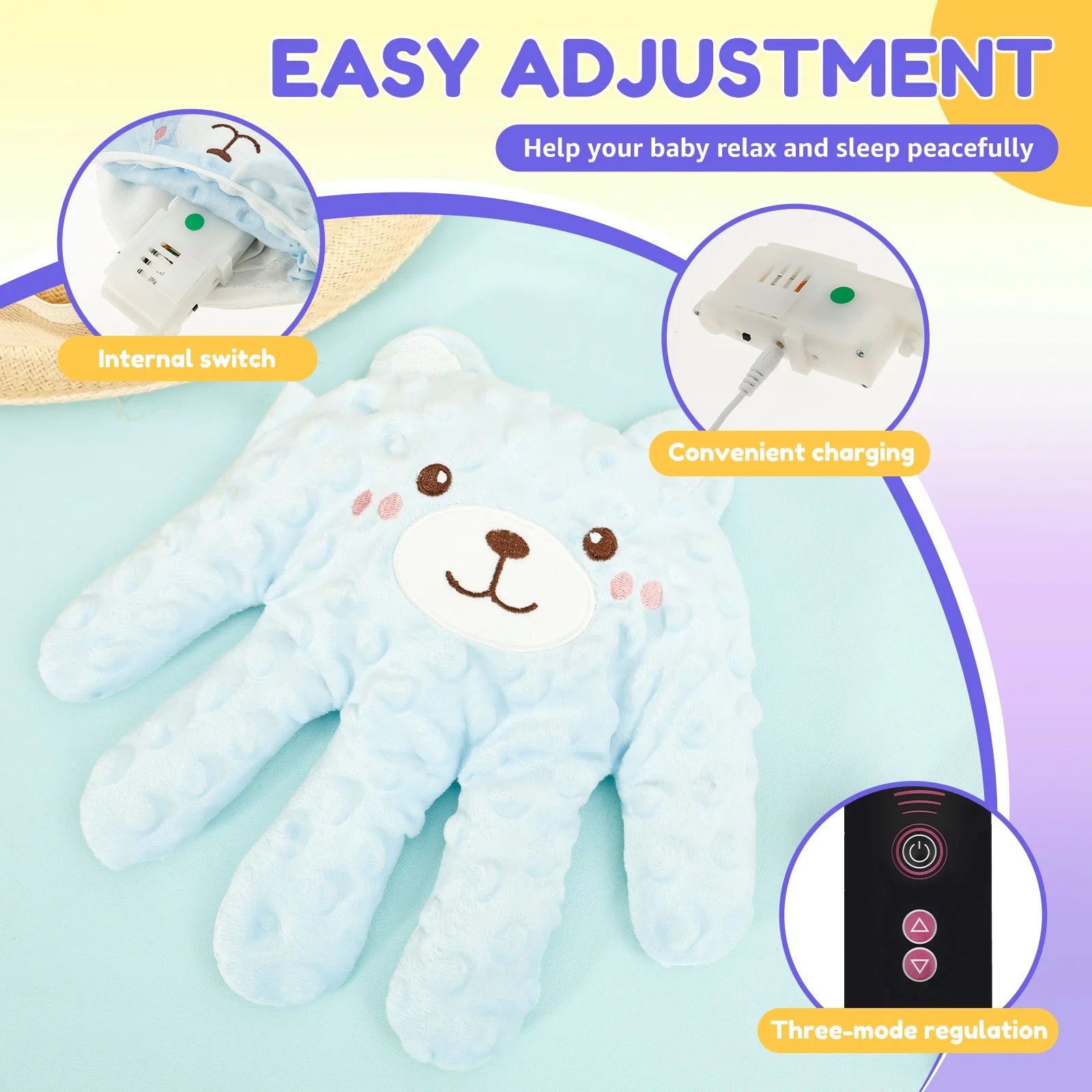 Cartoon Baby Soothing Palm Low Noise Automatic Palm Patting Baby Soothing Hand Pillow 3 Adjustable Modes Sleeping Aid Palm Toys