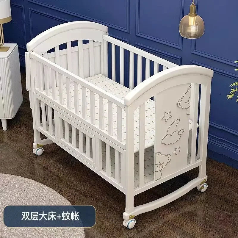 2025New Solid Wood Baby Crib Movable Splicing Bed Multifunctional Baby Rocking Bed Adjustable Guardrail Height with Mosquito Net