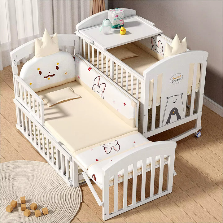 New 2025 Solid Wood European Style White Paint Baby'S Cot Removable Multifunctional Upholstered Bed for Newborn
