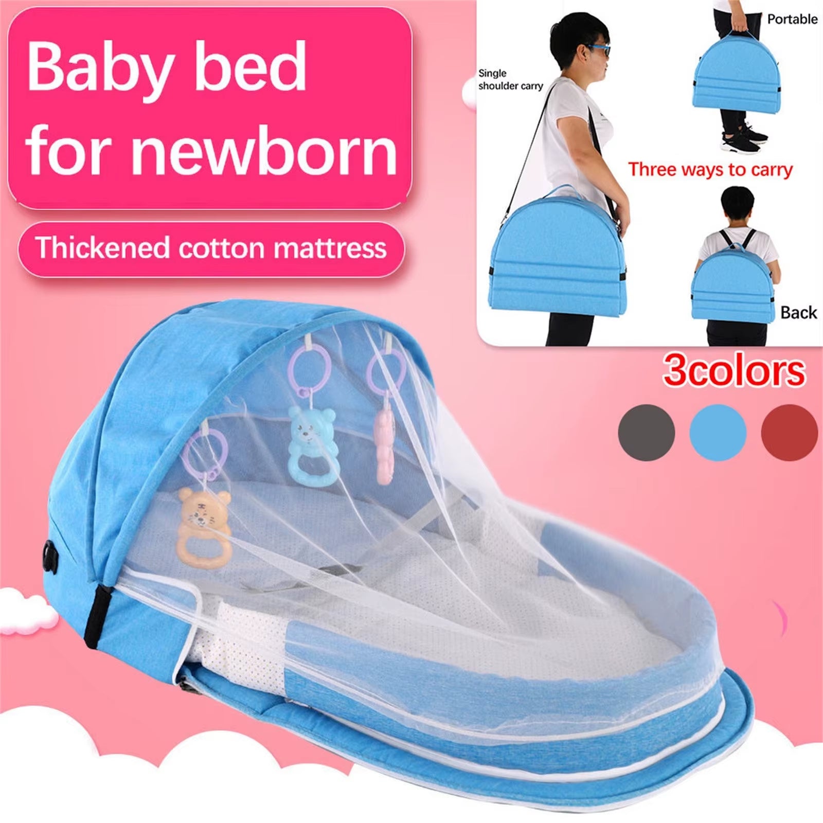 Baby Bed Folding Portable Baby Crib with Net and Awning Baby Nest Portable Baby Bed for Camping Infant Bed Bassinet for Baby