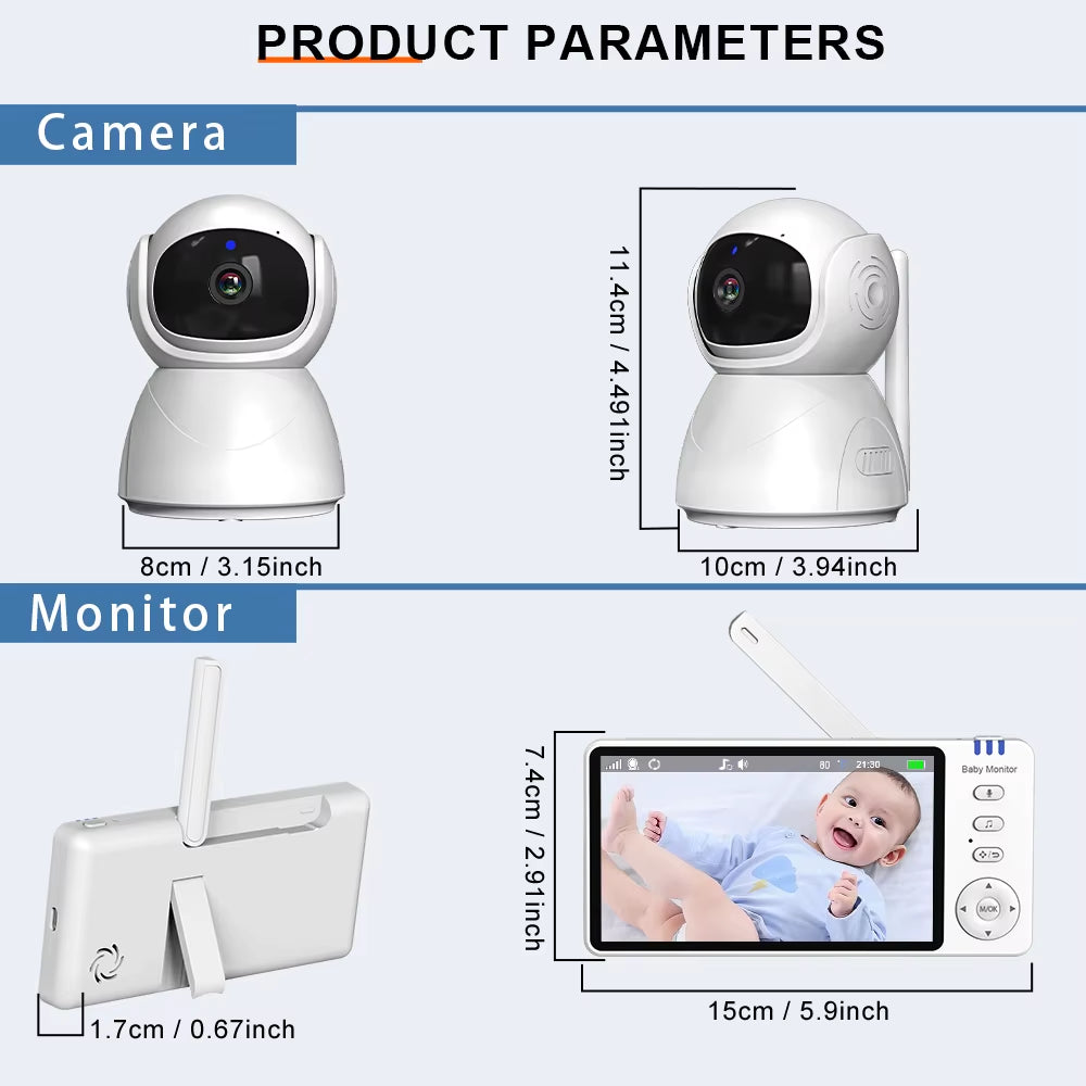 5" 720P HD IPS Screen Video Baby Monitor Pan Tilt 4X Zoom Camera Babysitter 2 Way Audio Night Vision 3500Mah Battery Lullaby VOX
