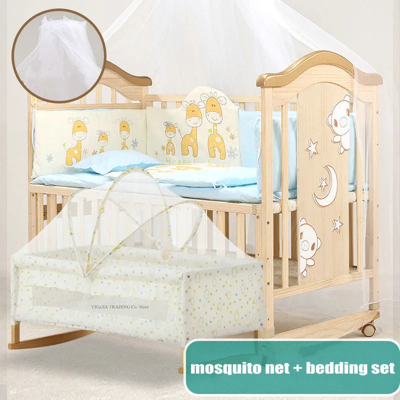 Pine Wood Baby Crib with Inner Cot, No Paint Kids Bed, Size 106*62*102Cm, Small Cradle 84*45Cm