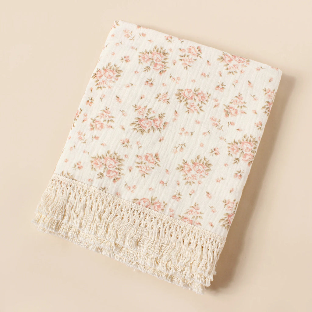 Baby Organic Cotton Soft Wrap Blanket Flowers Printing Fashion Comfortable Blanket New Style Infant Breathable Tassel Blanket