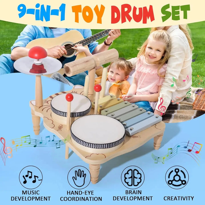 Wooden Musical Instruments Montessori Educational Toys Wind Chime Kids Drum Set with Xylophone Musical Toys for Toddlers Gifts