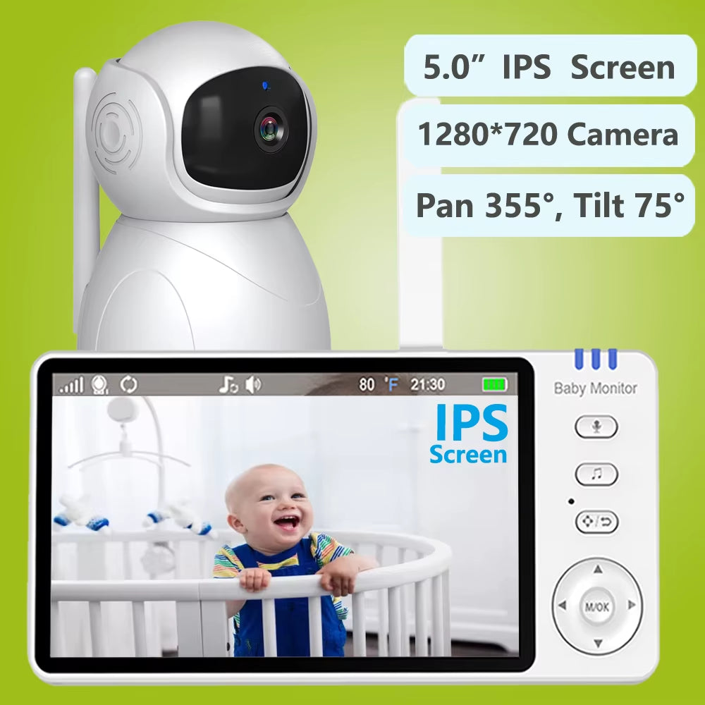 5" 720P HD IPS Screen Video Baby Monitor Pan Tilt 4X Zoom Camera Babysitter 2 Way Audio Night Vision 3500Mah Battery Lullaby VOX
