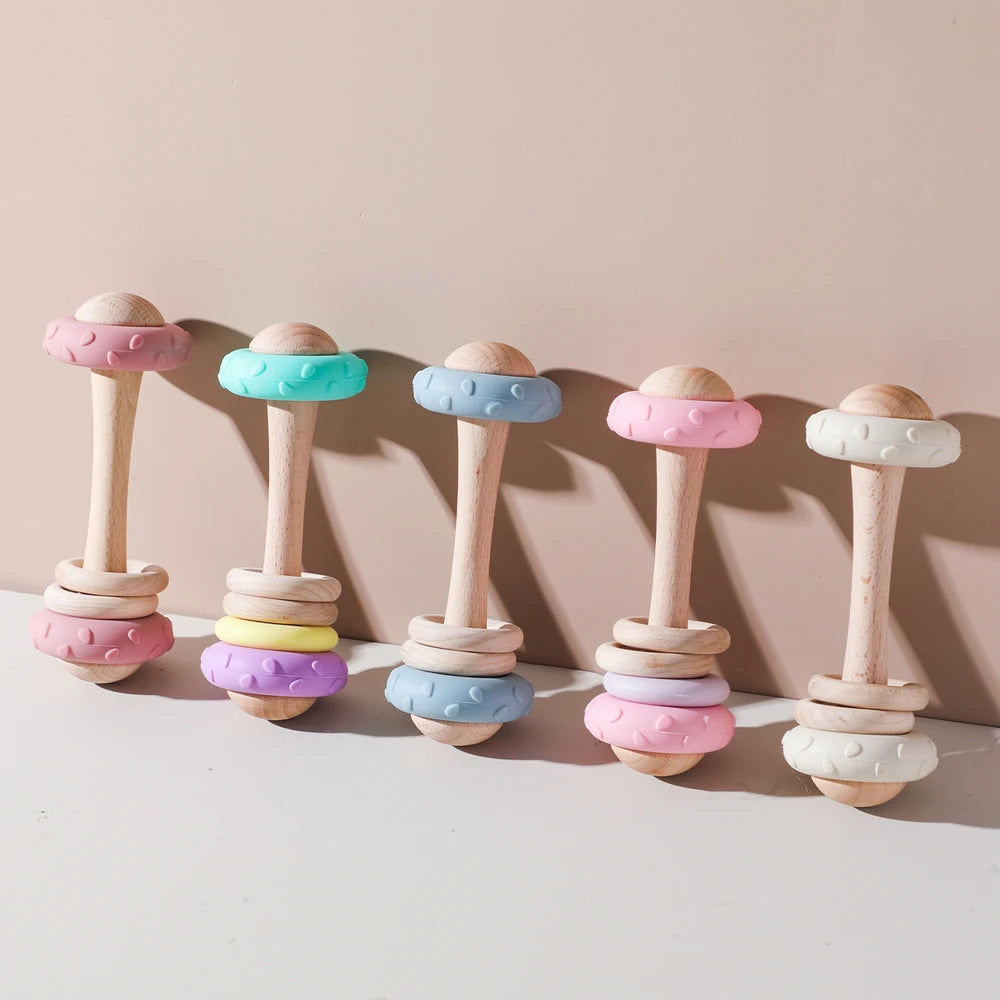 1Pc Baby Wooden Teether Toys BPA Free Silicone Ring Handle Music Rattle Teething for Baby Toys Montessori Toys for Kids Gift