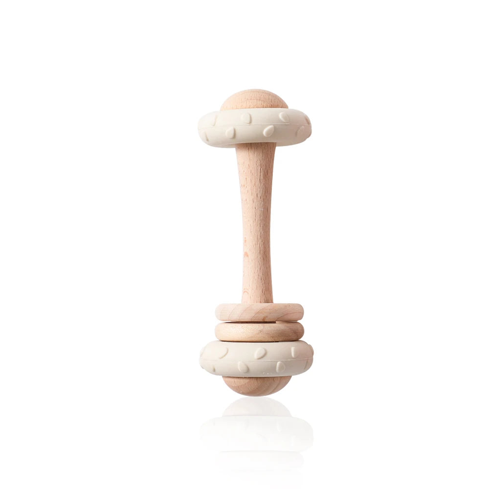 1Pc Baby Wooden Teether Toys BPA Free Silicone Ring Handle Music Rattle Teething for Baby Toys Montessori Toys for Kids Gift