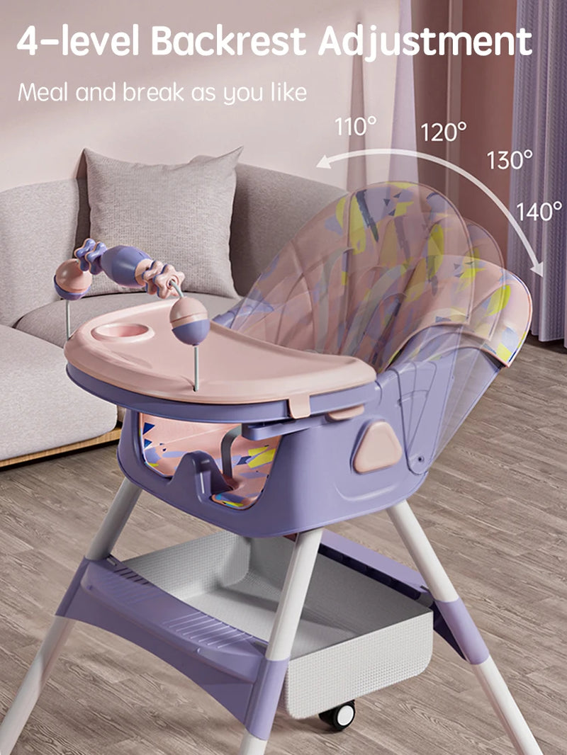 Baby Seat Toddler Eating Chair Baby High Chair for Dinner Baby Feeding Chair with 4 Wheels, Bib, Bowl&Spoon, Reclining