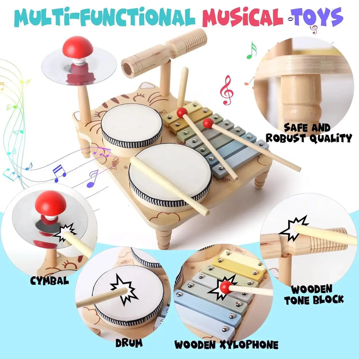 Wooden Musical Instruments Montessori Educational Toys Wind Chime Kids Drum Set with Xylophone Musical Toys for Toddlers Gifts