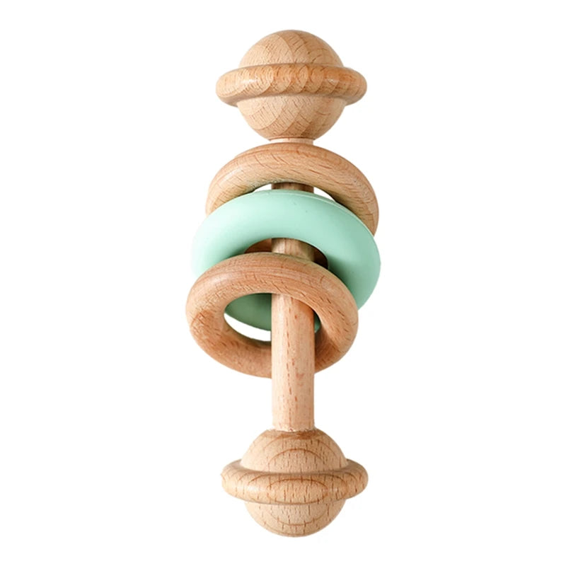 1Pc Baby Wooden Teether Toys BPA Free Silicone Ring Handle Music Rattle Teething for Baby Toys Montessori Toys for Kids Gift