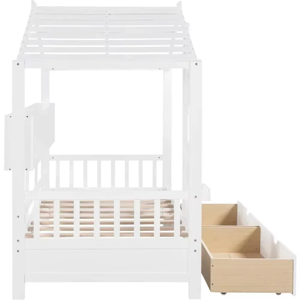 #For Twin Room Bed with 2 Storage Drawers, Girl Chalet Bed Frame, Boys, Decorative, White&