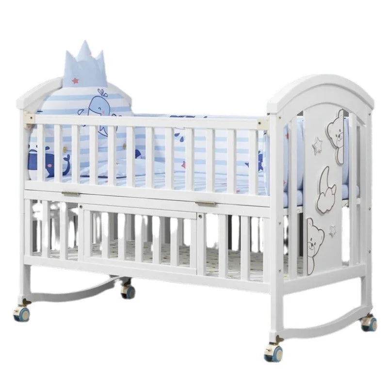2025New Solid Wood Baby Crib Movable Splicing Bed Multifunctional Baby Rocking Bed Adjustable Guardrail Height with Mosquito Net