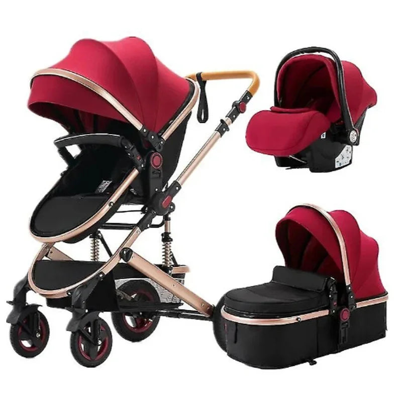 Portable Baby Stroller High View 3 in 1 Baby Stroller with Car Seat Foldable Baby Stroller Four-Wheel Shock-Absorbing Trolley