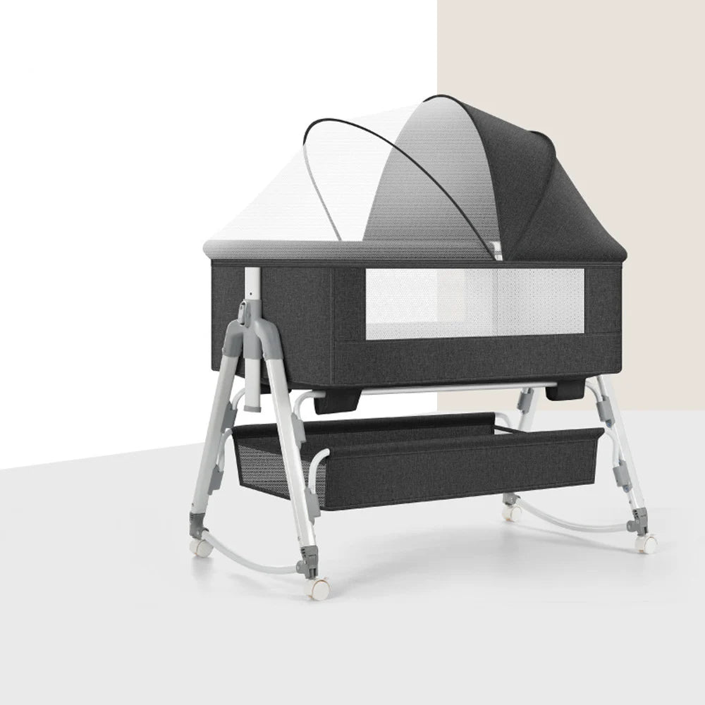 3 in 1 Baby Bed with Storage Basket & Mosquito Net, Baby Crib Five Height Adjustments Bedside Bassinet for Newborn 0-12 Months