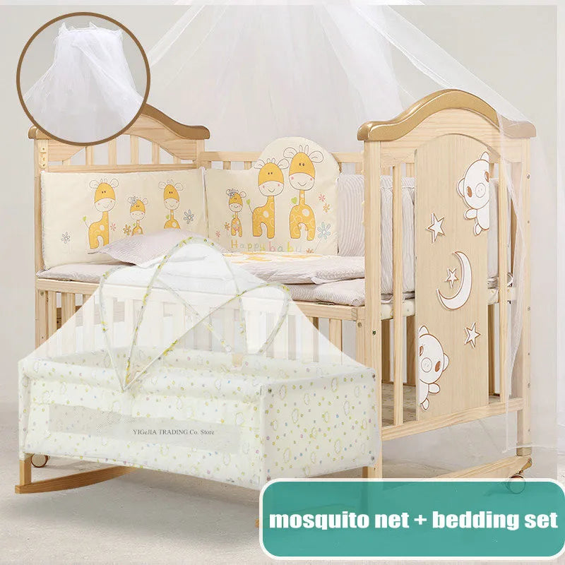 Pine Wood Baby Crib with Inner Cot, No Paint Kids Bed, Size 106*62*102Cm, Small Cradle 84*45Cm