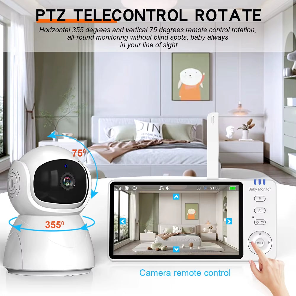 5" 720P HD IPS Screen Video Baby Monitor Pan Tilt 4X Zoom Camera Babysitter 2 Way Audio Night Vision 3500Mah Battery Lullaby VOX