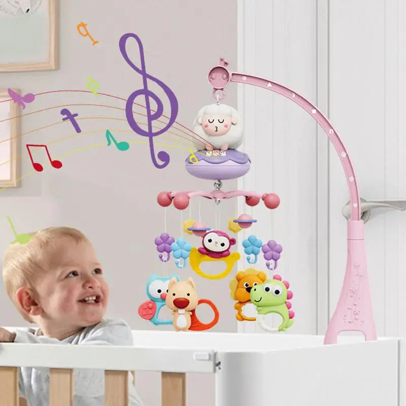 Baby Crib Mobile Rattle Toy with Music Lights Rotating Hangable Rattles Toy Cartoon Nursery Mobile for 0-24 Months Babys