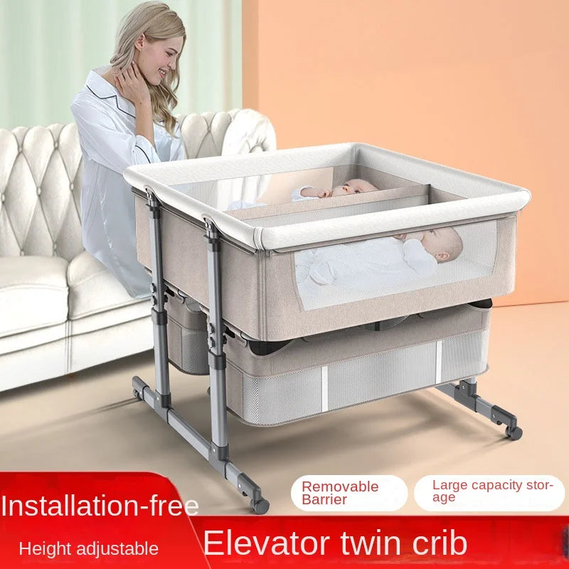 Twins Crib Cradle Crib Bedside Bed Mobile Crib Sleeping Basket Baby Bed Newborn Double Bed Splicing Queen Bed Height Adjustable