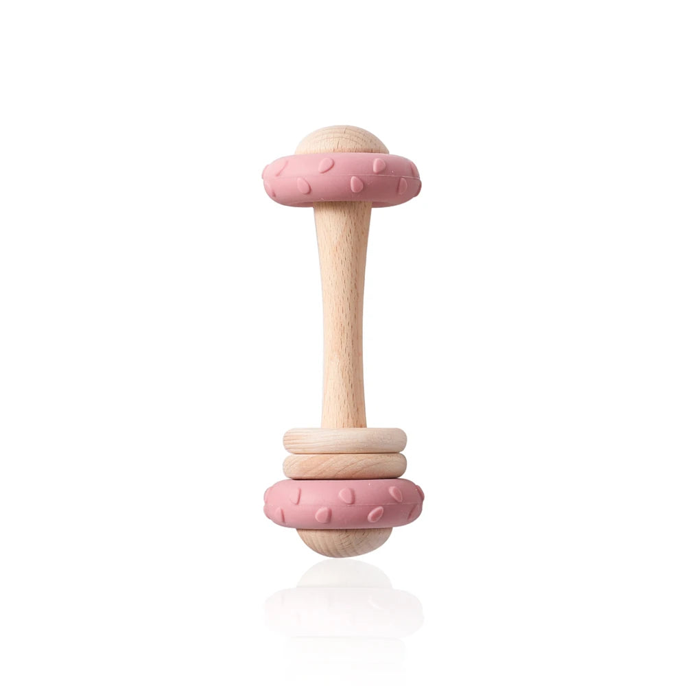 1Pc Baby Wooden Teether Toys BPA Free Silicone Ring Handle Music Rattle Teething for Baby Toys Montessori Toys for Kids Gift