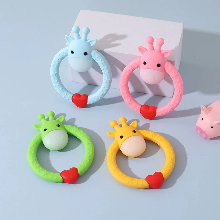 2Pcs Baby Deer Teether Toy Glue Giraffe Set Ring Deer Love Cute Animal Molar Relief Teething Discomfort Soft Silicone