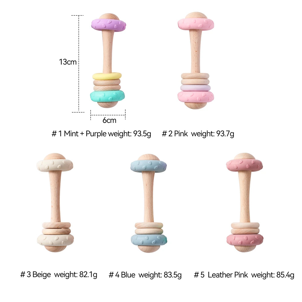 1Pc Baby Wooden Teether Toys BPA Free Silicone Ring Handle Music Rattle Teething for Baby Toys Montessori Toys for Kids Gift