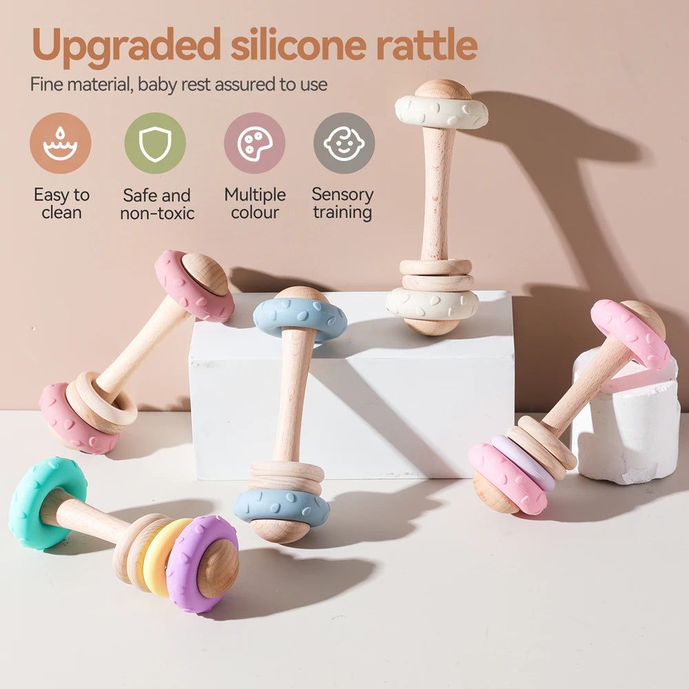 1Pc Baby Wooden Teether Toys BPA Free Silicone Ring Handle Music Rattle Teething for Baby Toys Montessori Toys for Kids Gift