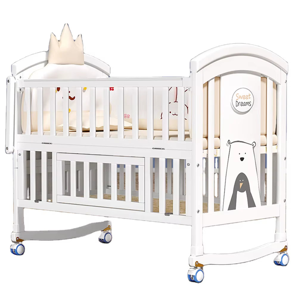 New 2025 Solid Wood European Style White Paint Baby'S Cot Removable Multifunctional Upholstered Bed for Newborn